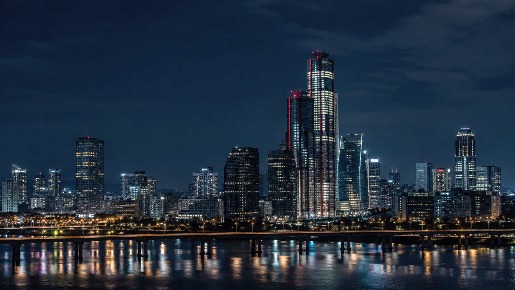Seoul skyline at night reflected on the Han River